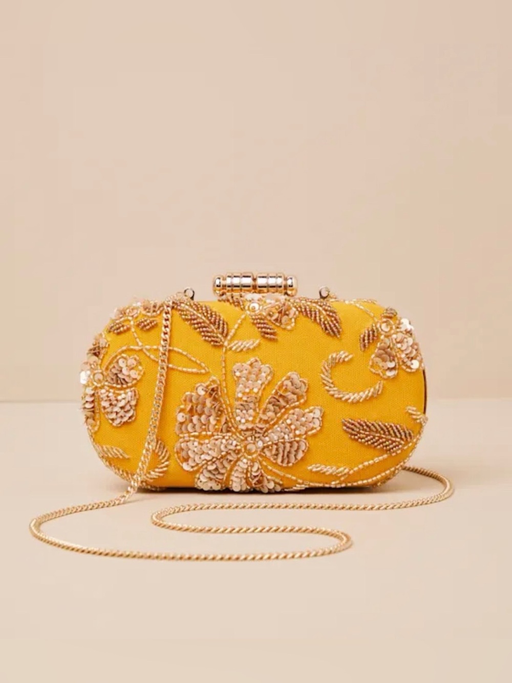 NWT Lulus Golden Yellow Sequin Beaded Clutch with Shoulder Chain